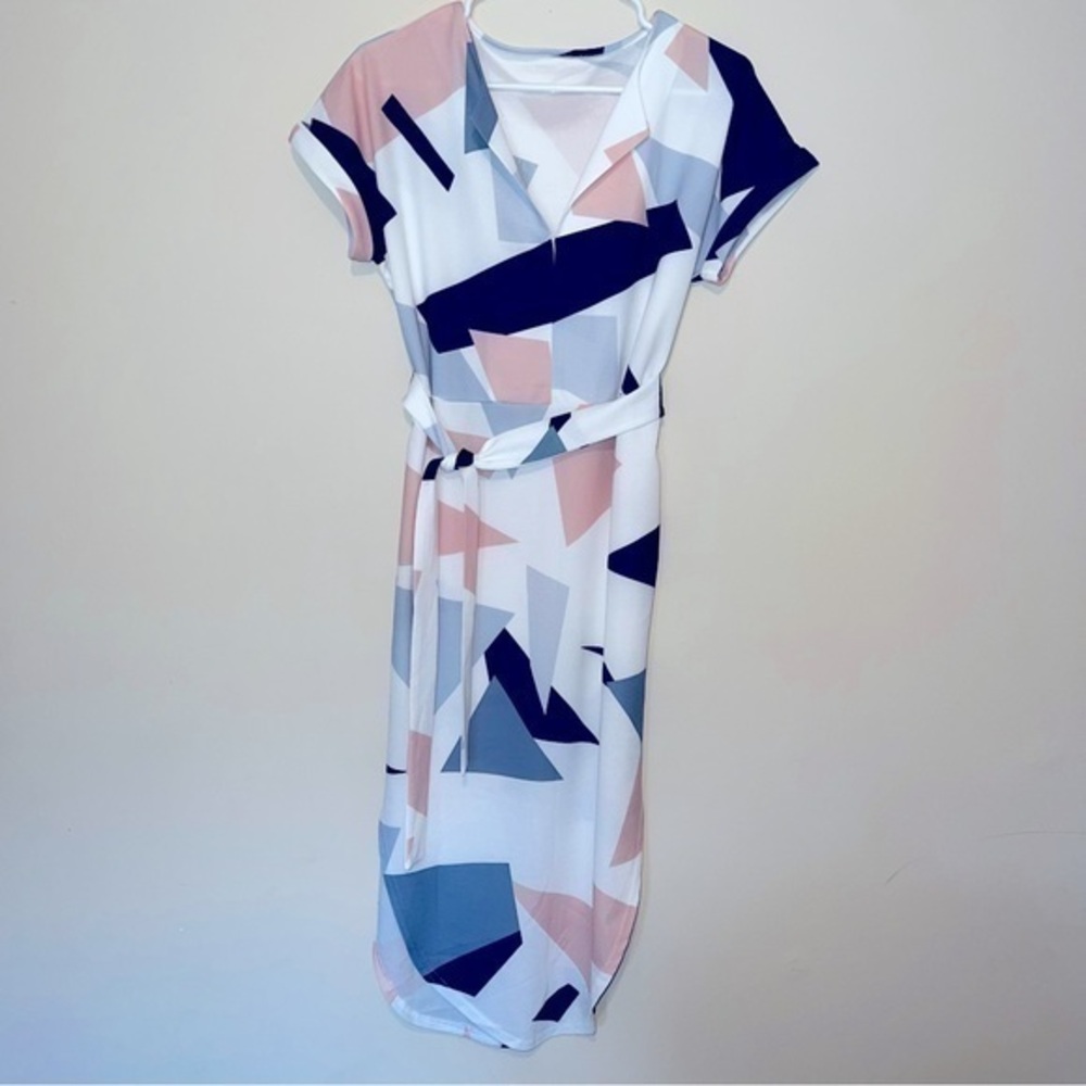 White Pink & Blue Geometric Pattern Large Long Dress with Tie Polyester Spandex